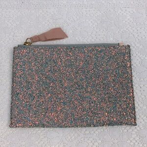 J crew Glitter Pink Gold Iridescent Zip wallet pouch clutch bag Lined Gold zip